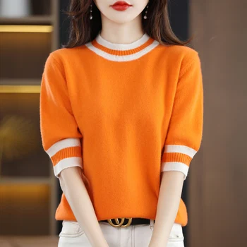 2023 нов дамски вязаный пуловер от 100% чиста вълна, с кръгло деколте и къси ръкави, корейски модерен мек тънък тениска с къс ръкав, риза