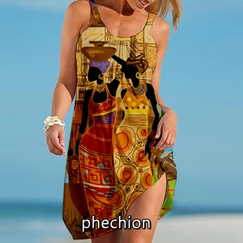 phechion, ново секси плажна рокля, африканско изкуство за красота, 3D принт, женски рокли за спагети презрамки, градинска дрехи, дамски рокли са с кръгло деколте N17