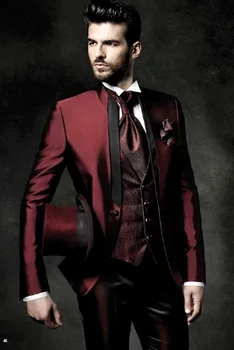 2023 Високо качество, тъмно-червени смокинги на младоженеца в една пуговице, мъжки костюм на младоженеца (яке + панталон + елек)