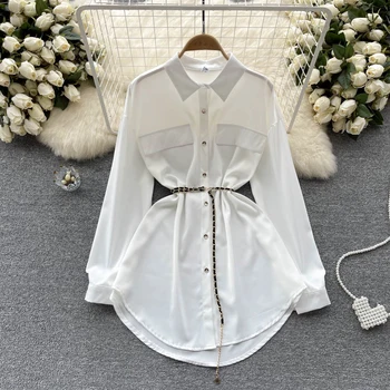 Пролетно корейската версия на модна атласного рокли със средна дължина, с безплатен веригата на кръста и накъдрен
