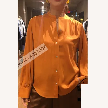 Дамски висококачествена коприна сатен однотонная блуза в лениво стил с ръкави-фенерчета, топ
