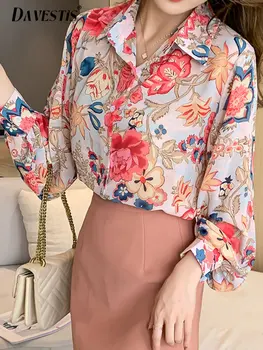 Коприната на ризата принтом в стил ретро, дамски 2023, пролетно-лятна тънка дишаща блуза с дълъг ръкав, Дамски свободни тънки ежедневни ризи и блузи