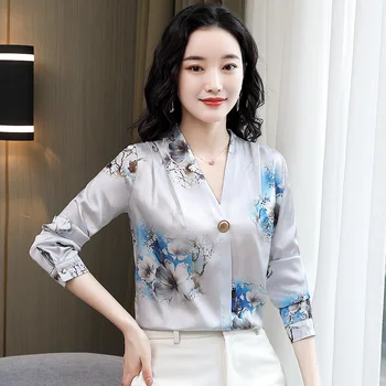 TingYiLi, V-образно деколте, в една пуговице, реколта блуза с цветен модел, дамски пролетно-лятна блуза от копринен сатен с дълъг ръкав, корейски елегантни дамски блузи XL