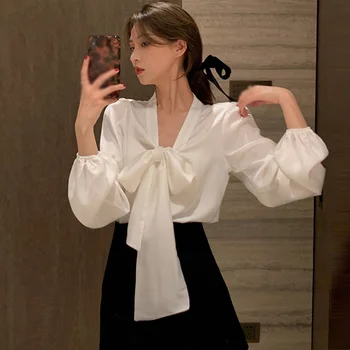 Hstar Нова дамски ежедневни однотонная скъпа риза с V-образно деколте и лък, есенна свободна шифоновая блуза с дълъг ръкав, най-frauen kleidung 2021