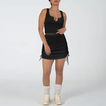 Дамски обикновена комплекти, без ръкави, модерен, секси монтиране на мини-жилетка с V-образно деколте + плисирани къси поли, ежедневни комплект от две части