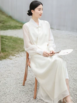 Нова китайски дамски дрехи подобряване на чаено рокля Hanfu с преминаването яка бяла рокля