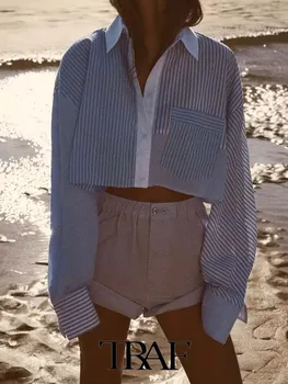 ТРАФИКА на 2023 Риза Дамска блуза Нова мода Лоскутная шарени, къси ежедневни риза с дълги ръкави Дизайнерска риза Жена топ