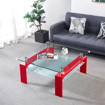 Квадратен двуслойни холова маса от закалено стъкло с крака от МДФ, здрав и издръжлив за вътрешната мебели за всекидневната