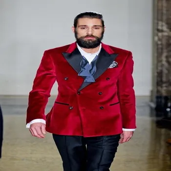 Червени кадифени мъжки костюми с отворотами, 2020, съвременен дизайн, 2 предмета (яке + панталон Модерен красив мъжки костюм Terno Masculino по поръчка, големи размери