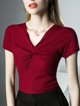 дамски тениски с витым V-образно деколте, женска тениска с отрязани от мрежата, однотонная тениска с къс ръкав, основни високи еластични тънки тениски