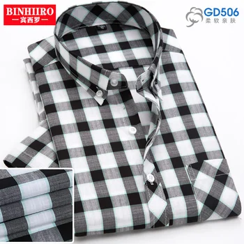 BINHIRO, 100% памук, мъжки модни реколта ризи в клетката, свободна есенна риза с къс ръкав и копчета, ежедневни мъжки блузи с джобове, черен