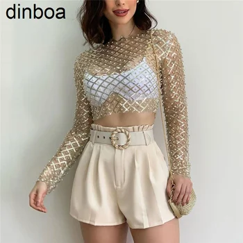 Dinboa 2023, хит на продажбите, женски секси мрежест топ с дълги ръкави, расшитый мъниста и пайети, модна тениска за жени