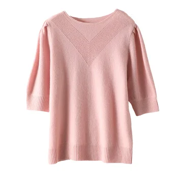 Crochet летни тениски от чиста вълна, дамски тънка тениска с кръгло деколте и буйни, с дълъг ръкав, дамски блузи с къс ръкав, монтиране пуловер