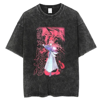 Мъжки модни тениска выстиранная черна реколта тениска Samurai X от японската аниме, хип-хоп градинска дрехи, лятна памучен тениска Унисекс