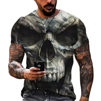 Модерна мъжка тениска с графичен 3D принтом на Черепа, Лятна тениска с кръгла яка и Къс ръкав, Градинска тениска Оверсайз, Свободни Топове, Тениски, Мъжки Дрехи 6XL