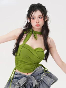 Японската Мода Y2k, естетичен монофонични съкратен топ с лък, плиссированная превръзка, корейски улични тениски, Ежедневни тънки блузи в стил гръндж харадзюку