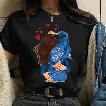 Женска Тениска, тениска с изображение, Целувка, Harajuku, Лятна дамска тениска с къс ръкав, градинска ежедневни дамски дрехи, черен Топ, тениска