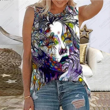 Дамски летни нова риза без ръкави с 3D принтом, цветен портрет с маслени бои, ретро Всекидневни женски пуловер в плажен стил