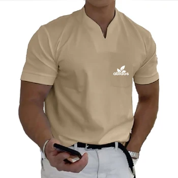 Лятна Мъжки памучен ежедневни тениски с V-образно деколте и къси ръкави с нов модел 2023, Мъжки Дишащи риза с къси ръкави S-5XL