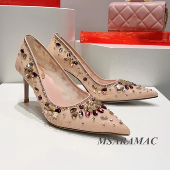 Елегантни булчински обувки на висок ток с връзки телесен розов цвят и кристали, летни вечерни дамски модел високи обувки с остри пръсти голям размер