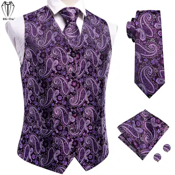 Мъжка жилетка с цветя модел под формата на лилави вратовръзки и копчета за ръкавели, жаккардовый костюм, жилетка без ръкави за сватбен бизнес