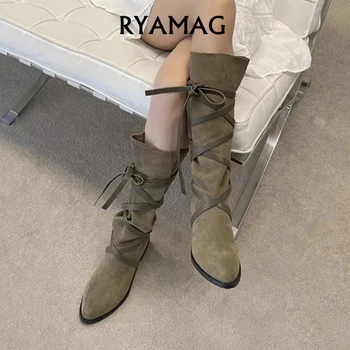 RYAMAG/ женски каубойски ботуши в западен стил, есенни високи ботуши с остри пръсти, ботуши с дрямка на дебелите обувки с токчета и джапанки, дамски обувки в стил ретро