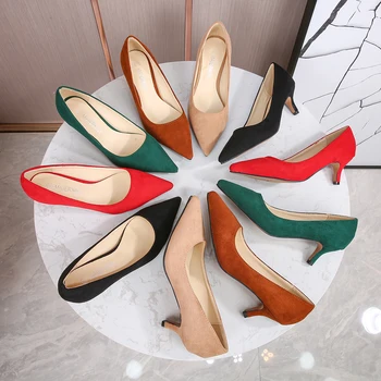 дамски обувки на средно висок ток 5 см, лаконичная дамски обувки на ток коте, обувки-лодка от флока, размер 46, работна дамски обувки за офис, зелен