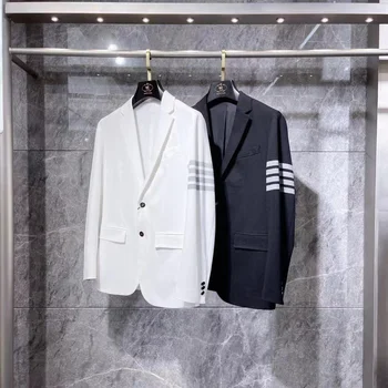 Нов Мъжки костюм, ново записване, мъжки якета, бели блейзери в ивица с 4 ленти, бизнес и официални якета известната марка, ежедневни костюми