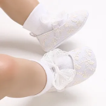 Бели обувки с лък за малки момичета, пролетно ежедневни обувки за деца, лесна плоска подметка, здрава дишаща удобна Първата ходунка