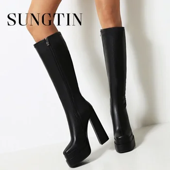 Дамски ботуши до коляното на платформата Sungtin, есен-зима, ботуши до коляното от лачена кожа, ботуши на много висок ток, класически черни стилни дамски обувки