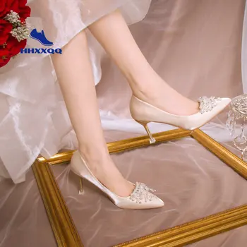 Дамски обувки-лодка на висок ток с остър пръсти, украсен с кристали, на тънък ток, с противоскользящим покритие, сватбени дамски обувки на висок ток 6 см/8 см