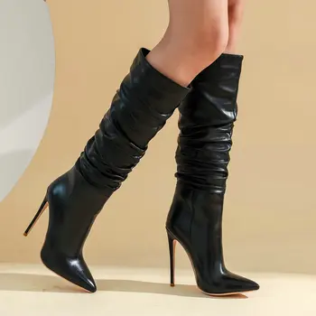 2021 Есенно-зимни дамски обувки, модни нагънат ботуши до коляното, чубрица дълги ботуши без закопчалка на тънък висок ток, Обувки с остри пръсти, Размер 43