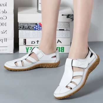 2023 Женски улични сандали със затворени пръсти, дишащи Кожени Нови Удобни нескользящие дамски туристически сандали, Лятна треккинговая обувки