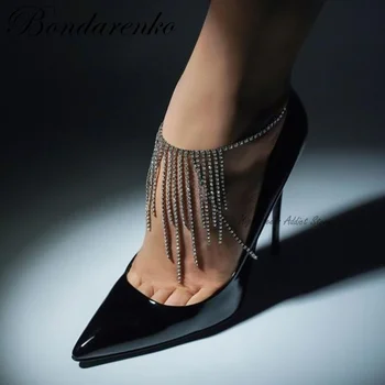 Черни Сандали от лачена кожа с пискюли и кристали, блестящи дамски летни дизайнерски обувки на висок висок ток с остър пръсти