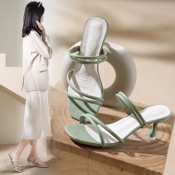 Дамски сандали 2022 г., елегантни летни чехли на квадратен ток, кожени дамски джапанки с появата на шнур, модни дамски сандали