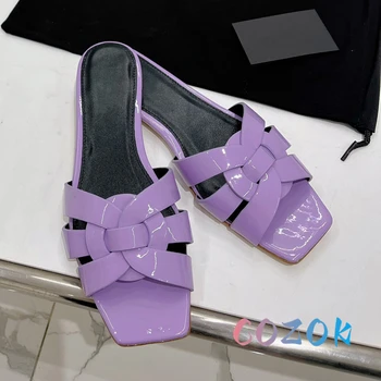 Летни лъскави кожени чехли на равна подметка с кръстосан колан с шарките на виолетовия камък, мюли от естествена кожа, с отворени пръсти, улични женски модел обувки