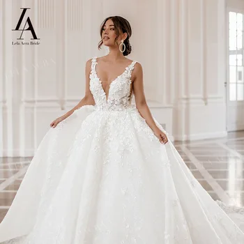 Сватбена рокля LelaAcra с 3D Цветя 2023, Трапециевидное Без Ръкави рокля с V-образно деколте и с Влак, Рокля на Принцеса Булка SM76, Големи Размери, Vestido de Noiva