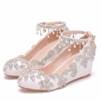 Модерни обувки за сватба с украса във вид на кралица на кристали; 5 см; обувки-лодка на висок ток за булката; вечерна рокля за танкетке; Елегантна рокля за парти; Голям размер 41