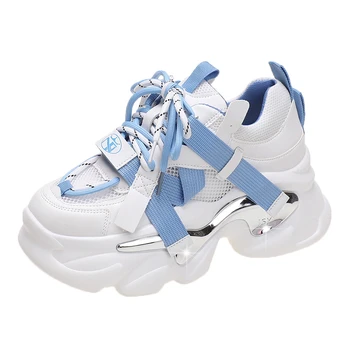 Дизайнерски обувки за жени, бели маратонки на платформата е 8 см, летни дишащи меш ежедневни спортни обувки за татко, дамски обувки