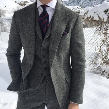 Сив вълнен Туид Зимни мъжки костюм за сватбата, смокинг на младоженеца в коледна елха, Мъжки Модерен комплект от 3 теми (яке + Жилетка + Панталони + вратовръзка)