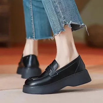 Дамски обувки-oxfords размер плюс 35-42, черни лоферы, кожени обувки на равна платформа, ежедневни дамски обувки, без закопчалка за шиене 9993N