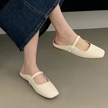 2023 Нова дамски обувки, дамски обувки на равна подметка, ежедневни дамски чехли с квадратни пръсти, удобна вентилация, мода големи размери