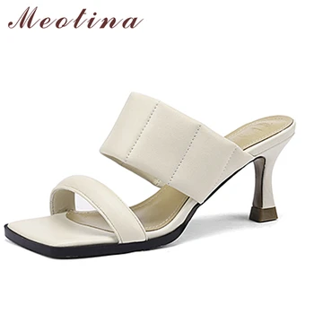 Meotina/ дамски Модни обувки от естествена кожа, обувки на Тънък ток, с Квадратни пръсти, Дамски Обувки на Висок Ток, Лятна Бежовата Обувки 43, SheepSkin43