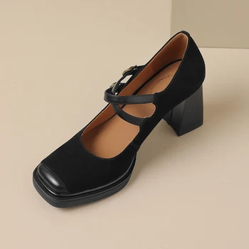Тънки обувки Heihaian/новост есента 2023, елегантни обувки Mary Jane в ретро стил, дамски обувки на дебелите обувки с квадратни пръсти и фин пръсти