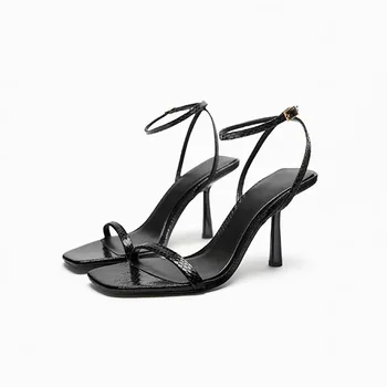 Дамски модни черни сандали с катарама на щиколотке 2023 Летни дамски сандали, дамски пикантни обувки на висок ток, с елегантни вечерни обувки на ток за бала