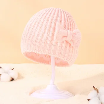 Однотонная детска шапчица с лък, есен-зима, топло вязаная шапчица-бини за малки момичета, сладки бебешки ветроупорен шапка с лък, капор 아기모자