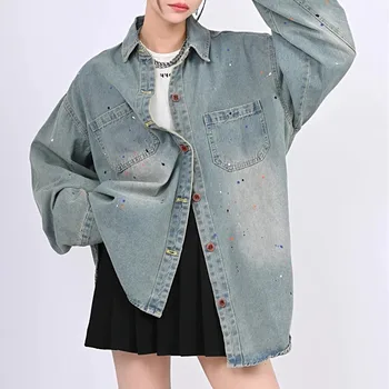 Реколта дънкови ризи в корейски стил, дамски градинска дрехи на 90-те години, потертая яке оверсайз Harajuku Kpop, блузи в стил гръндж с дълъг ръкав