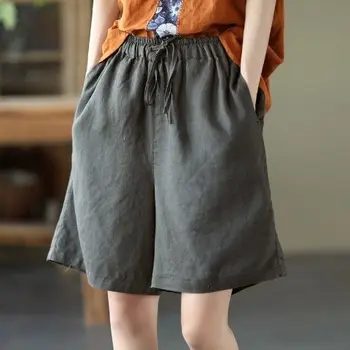 Къси панталони за жени, пролет-лято нови ежедневни корейски прави панталони от чист памук свободно намаляване с висока талия