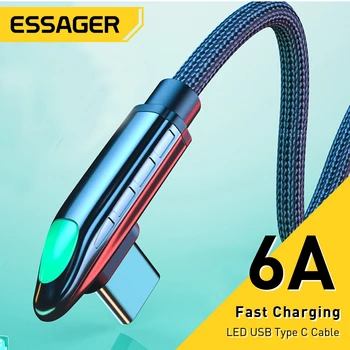 Essager 6A USB Type C Кабел За Huawei Капитан 40 Pro Samsung 66 W Led Кабел за Бързо Зареждане USB-C Зарядно 90 Градуса Кабел За Предаване на Данни