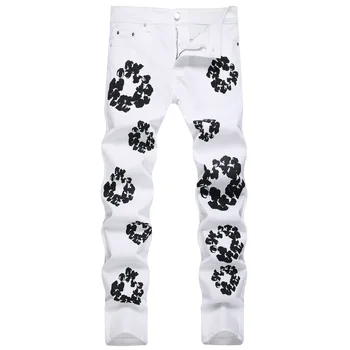 2023 Нови модни мъжки бели джинси с флорални принтом, тънки стрейчевые дънкови панталони